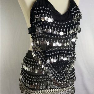 Belly Dancer Coin Top Black Hip Scarf Costume set